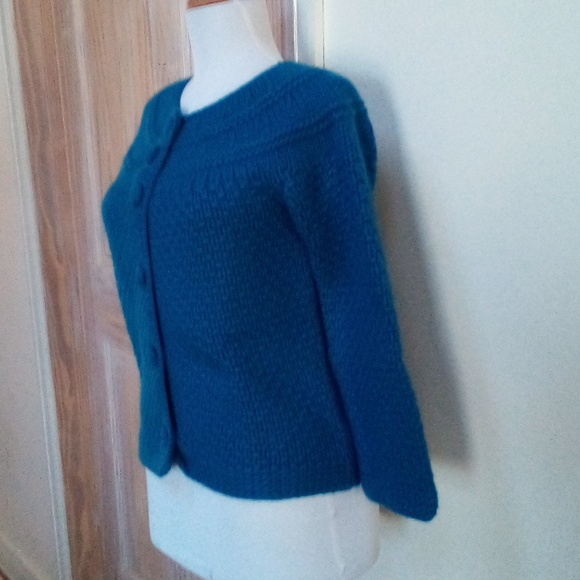 SUTTON CASHMERE 70% Wool 30% Cashmere Thick Blue Crewneck Cardigan - Size S - Picture 4 of 10